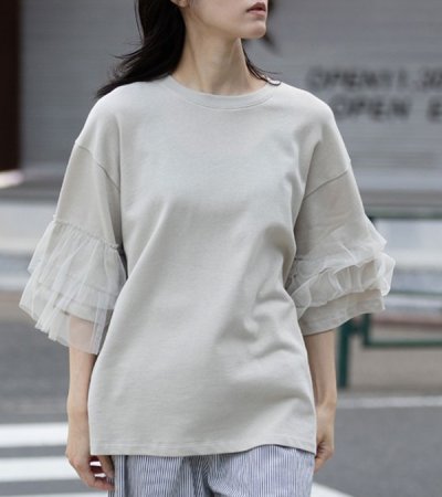 画像5: 裏毛×チュールラッフルスリーブトップス