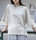 裏毛×チュールラッフルスリーブトップス