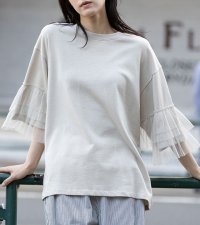 裏毛×チュールラッフルスリーブトップス