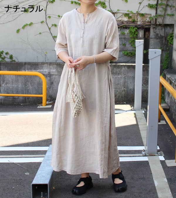 Munich ミューニック Off フレンチリネンキャンバスヘンリーネックマキシワンピース セール商品につき返品不可