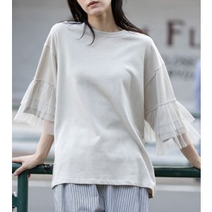 画像: 裏毛×チュールラッフルスリーブトップス