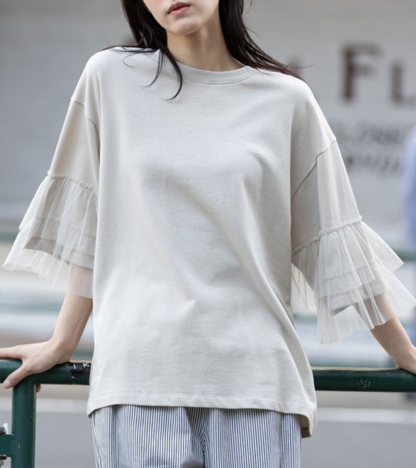 画像1: 裏毛×チュールラッフルスリーブトップス