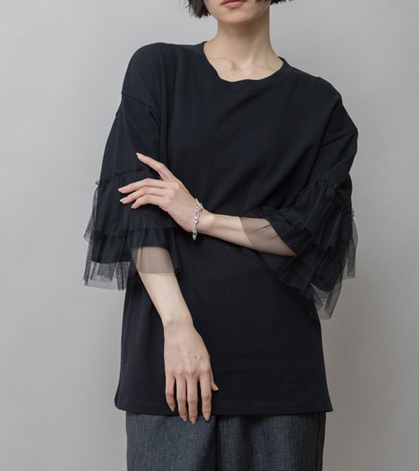 画像7: 裏毛×チュールラッフルスリーブトップス